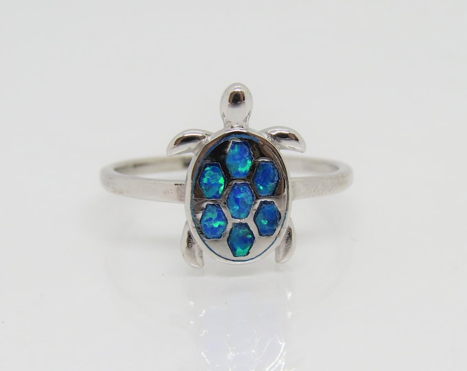 Vintage Sterling Silver Blue Opal Turtle Ring Size 8