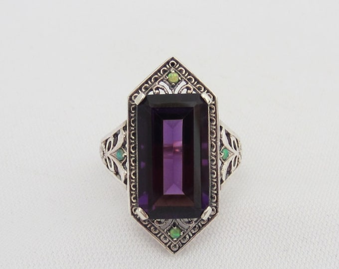 Sterling Silver Amethyst & Green Opal Filigree Ring Size 8