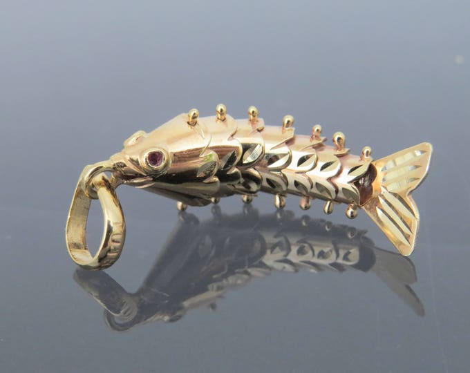 Vintage 14K Solid Yellow Goldfish Moveable Ruby on Eyes Charm Pendant