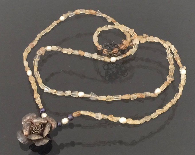 Vintage Sterling Silver Natural Pearl, Smoky Quartz Bead Necklace & Rose Pendant