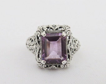 Vintage Sterling Silver Natural Amethyst Filigree Ring Size 10