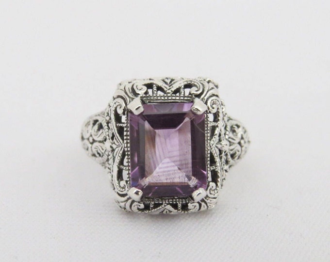 Vintage Sterling Silver Natural Amethyst Filigree Ring Size 10