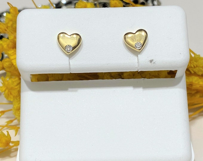 Vintage 14K Solid Yellow Gold Diamond Heart Earrings.