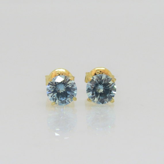 Vintage 18K Solid Yellow Gold Round Cut Aquamarine Earrings