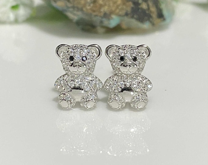 Vintage Sterling Silver Black Sapphire & White Topaz Teddy Bear- Bear stud Earrings.