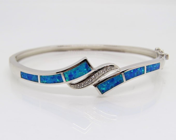 Sterling Silver Blue Opal & White Topaz Oval Bangle Bracelet 7 1/2''