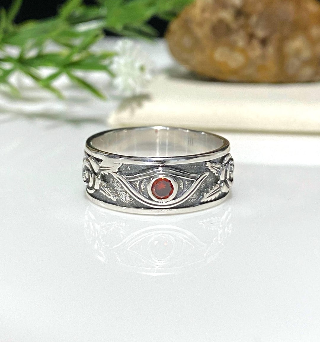 Sterling Silver Ruby Eye Rose Flower Band Ring. - Etsy