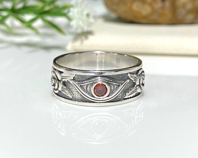Sterling Silver Ruby Eye Rose Flower Band Ring.