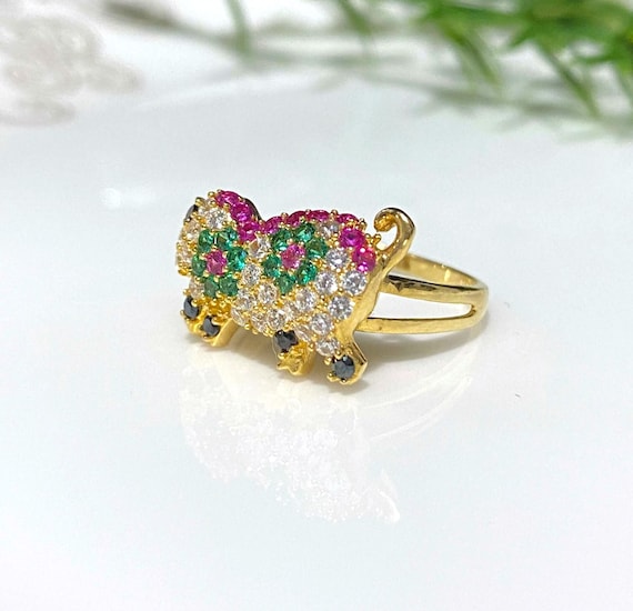 Vintage 18K Gold Pig Ring Ruby, Emerald, Sapphire… - image 2
