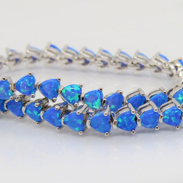 Vintage Sterling Silver Heart cut Blue Opal Link Chain Bracelet 7 6/8''