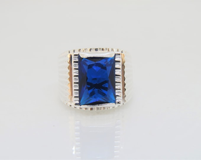 Vintage Sterling Silver Blue Sapphire Men's Ring Size 8.5