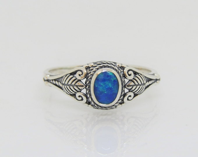 Vintage Sterling Silver Blue Opal Leaf Ring Size 8