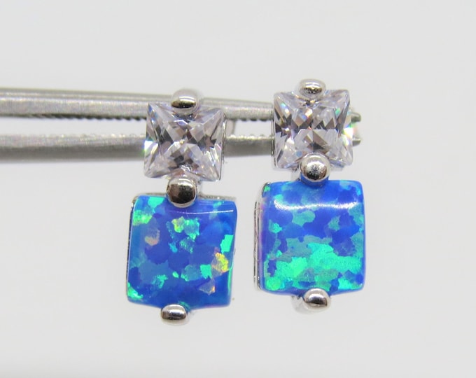 Vintage Sterling Silver Blue Opal & White Topaz Earrings