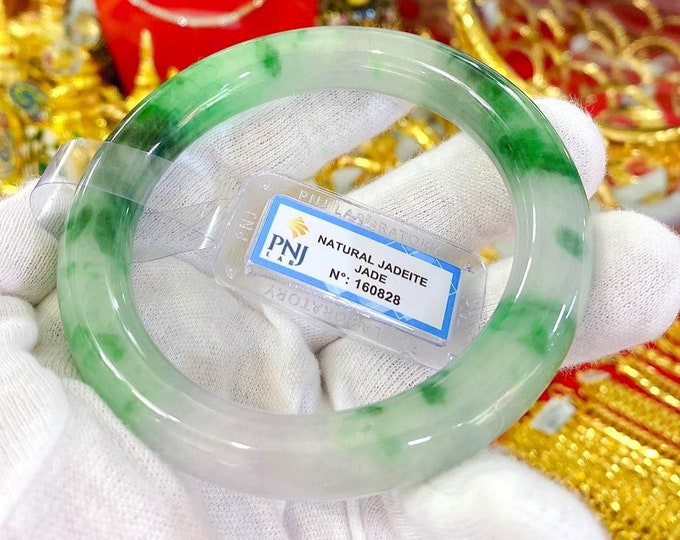 Translucent Natural Green, White Jadeite Jade Vintage Bangle Bracelet 63.7MM