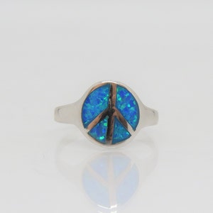 Sterling Silver Blue Opal Peace Sign Ring Size 8