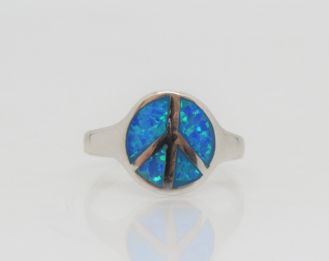 Sterling Silver Blue Opal Peace Sign Ring Size 8