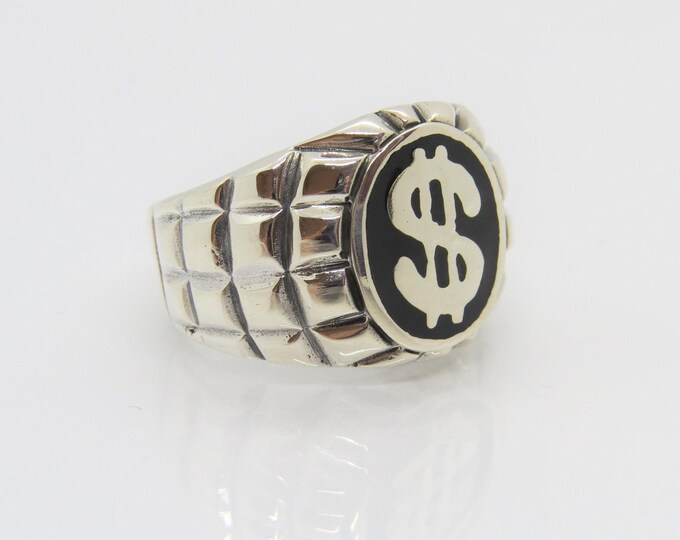 Vintage Sterling Silver Inlay Black Onyx Money Dollar Sign Mens Ring Size 9