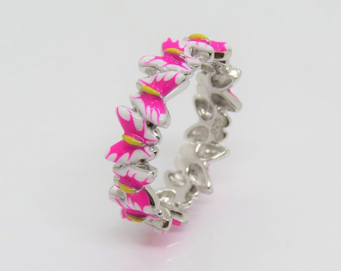 Sterling Silver Pink, White, Yellow Enamel Butterfly Band Ring Size 7