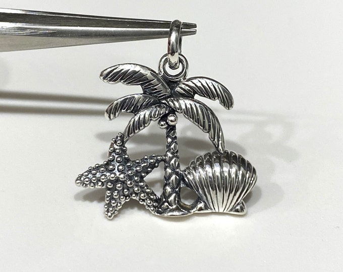 Vintage Sterling Silver Palm Tree, Starfish, Shell Pendant.