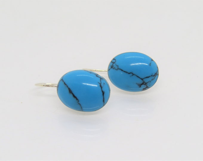 Vintage Sterling Silver Oval Turquoise Hook Earrings