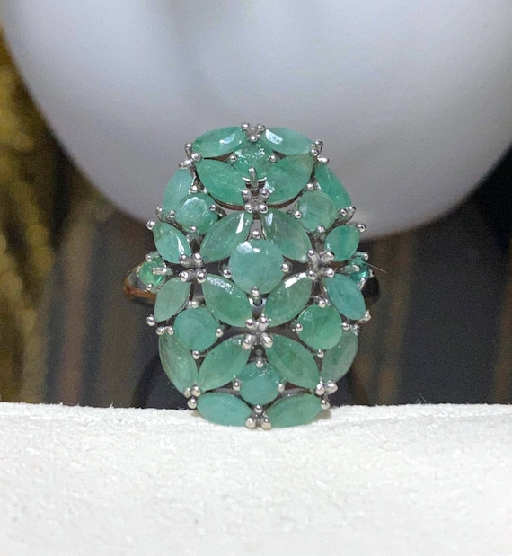 Vintage Sterling Silver Natural Emerald Ring Size 