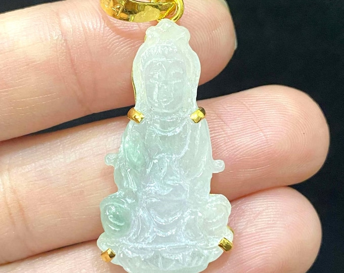 Vintage 18K Solid Gold Natural Light Green, White Jadeite Jade Kwan Yin Buddha Pendant Phat Ba Quan Am.