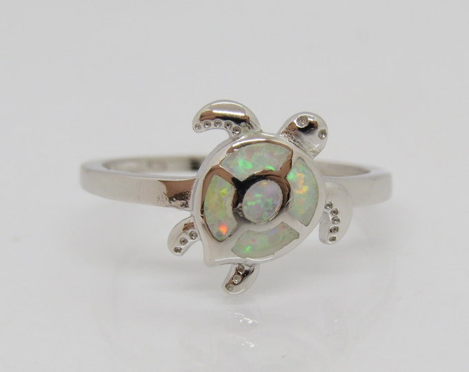 Vintage Sterling Silver White Opal Turtle Ring Size 7