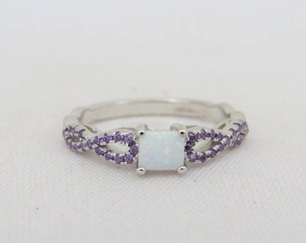 Vintage Sterling Silver White Opal & Amethyst Infinity Ring Size 6