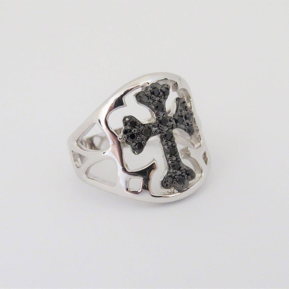 Vintage Sterling Silver Black Sapphire Cross Ring… - image 4