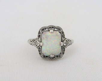 Sterling Silver Emerald cut White Opal Filigree Ring.