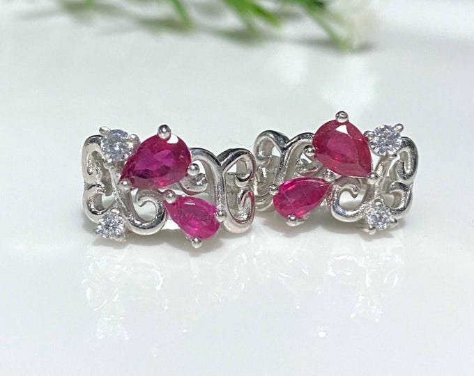Vintage Sterling Silver Natural Pear cut Ruby & White Topaz Earrings.