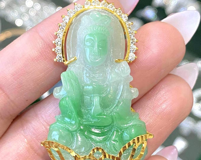 Vintage 18K Solid Gold Natural Green, White Jadeite Jade & White Topaz Kwan Yin Buddha Pendant Phat Ba Quan Am