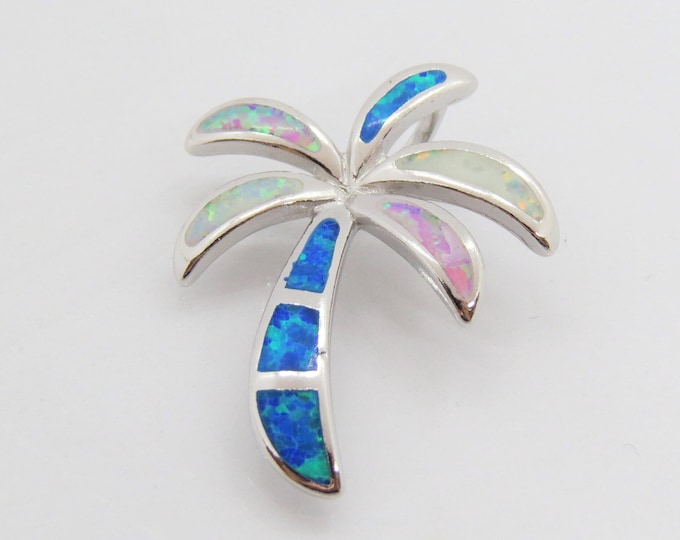 Vintage Sterling Silver White, Pink & Blue Opal Palm Tree Pendant
