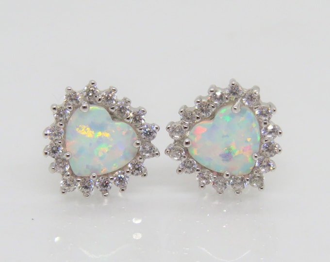 Vintage Sterling Silver White Opal & White Topaz Heart Earrings