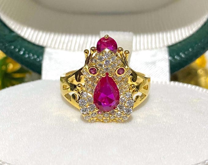 Vintage 15K 610 Solid Yellow Gold Ruby & White Topaz Ruby Eye's Frog Ring Size 6,7