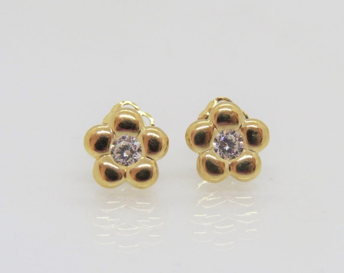 Vintage 14K Solid Yellow Gold White Topaz Flower Stud Earrings