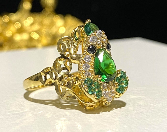 Vintage 15K 610 Solid Yellow Gold Emerald & White Topaz Frog Ring Size 8