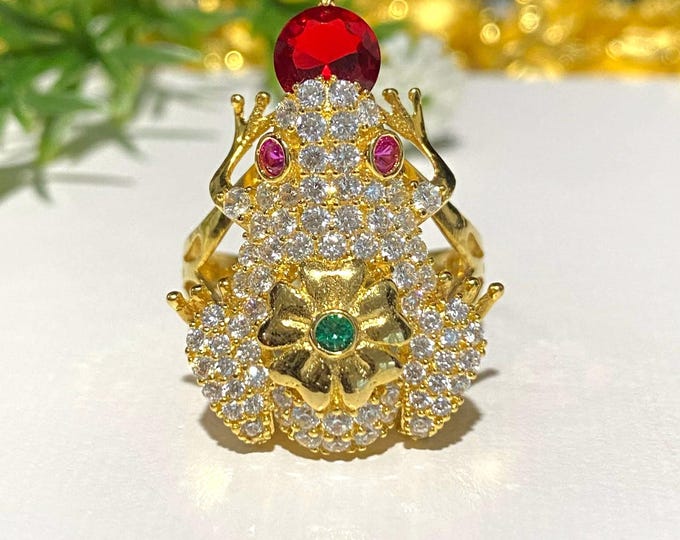 Vintage 15K 610 Solid Yellow Gold Ruby, Emerald & White Topaz Ruby Eye's Frog Ring Size 8