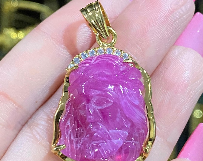 Vintage 18K Solid Yellow Gold 42cts Natural Ruby & White Topaz Jesus Head Pendant