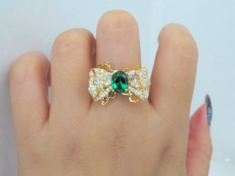 Vintage 18K Solid Yellow Gold 1.89ct Emerald /& White Topaz Bow Ring Size 6.75