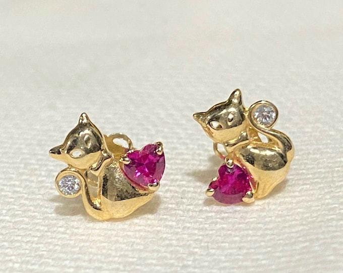 Vintage 14K Solid Yellow Gold Ruby & White Topaz Kitty Cat Stud Earrings