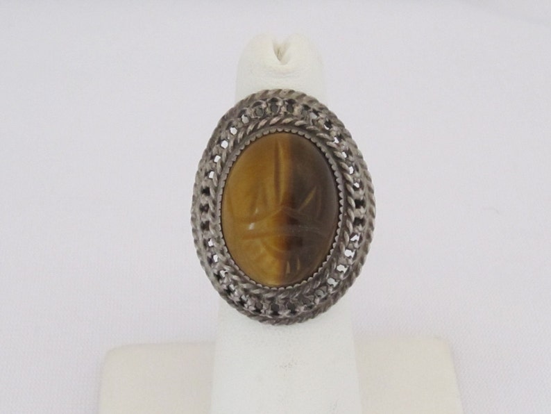 Antique Art Nouveau Sterling Silver Tiger/'s Eye Filigree Ring Size 5.5