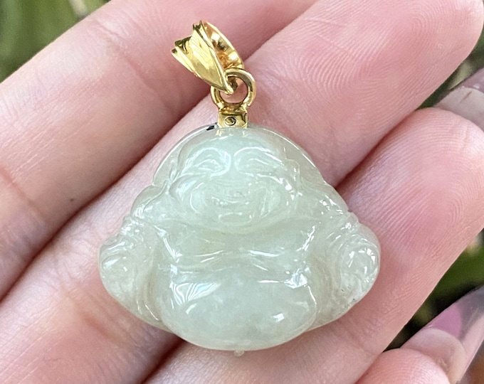 Vintage 18K Solid Yellow Gold Light Green Jadeite Jade Laughing Buddha Happy Buddha Pendant.