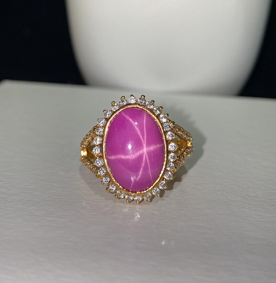 Vintage 18K Solid Yellow Gold Star Ruby & White Topaz Ring Size 7.5 - Etsy
