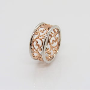 Sterling Silver Two Tone Rose Gold Plated Filigree Band Ring Size 9