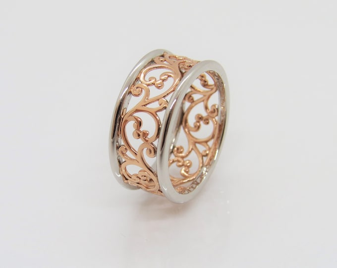 Sterling Silver Two Tone Rose Gold Plated Filigree Band Ring Size 9