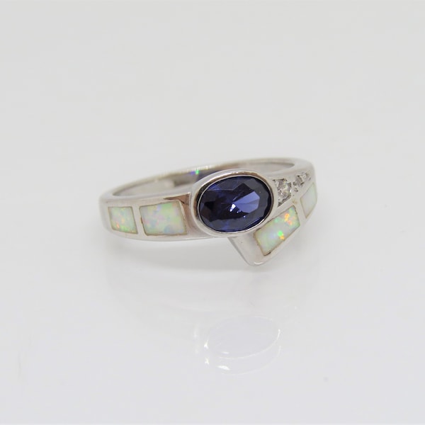 Vintage Sterling Silver Tanzanite & White Opal, White Topaz Ring Size 5