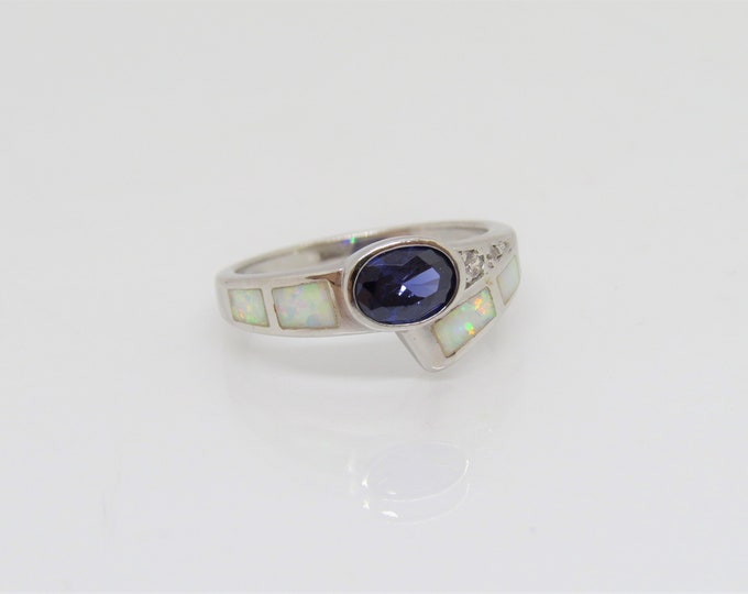 Vintage Sterling Silver Tanzanite & White Opal, White Topaz Ring Size 7
