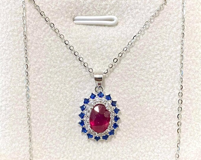 Vintage Sterling Silver Natural Ruby, Blue Sapphire & White Topaz Pendant Chain. 17''