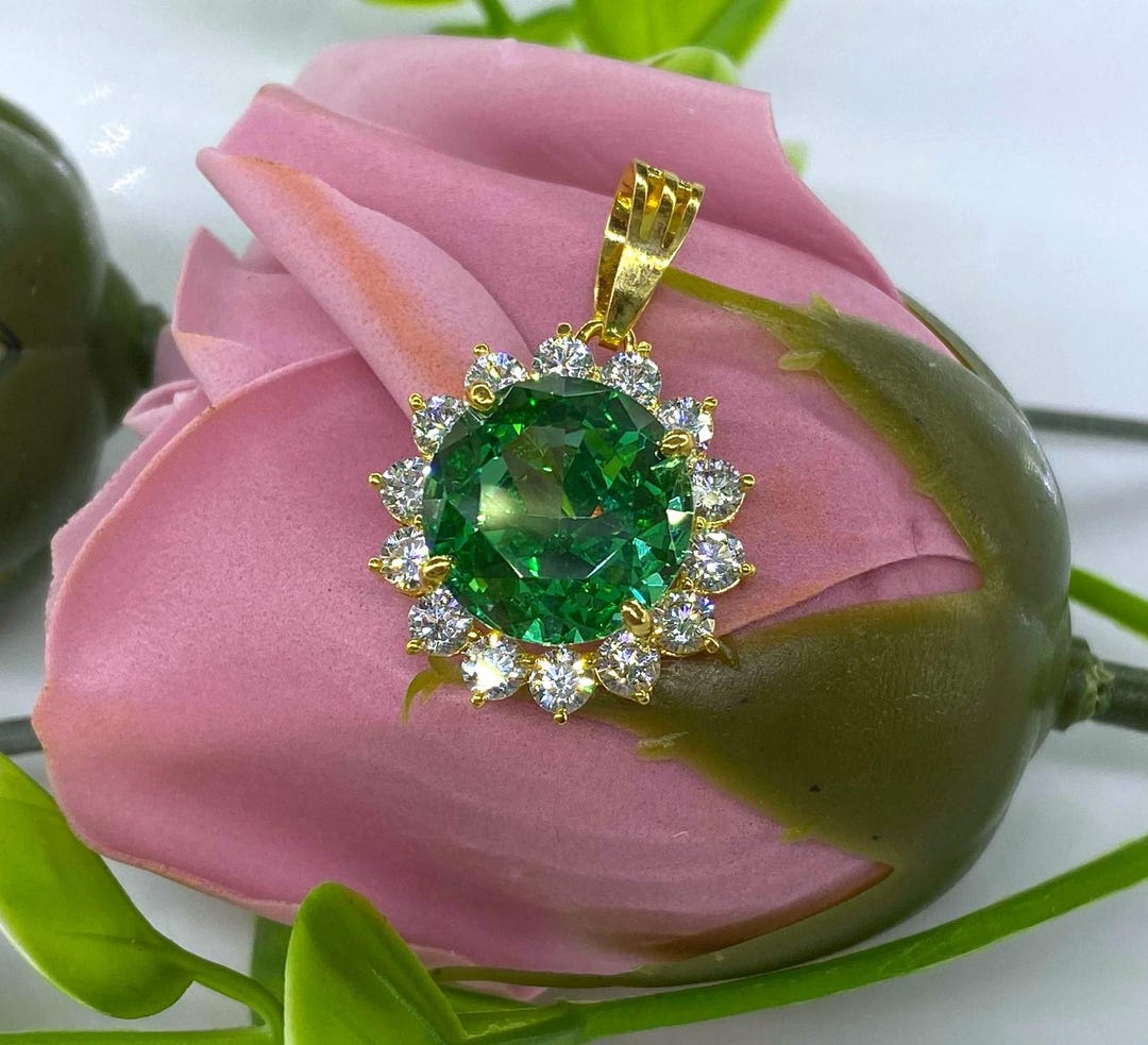 エメラルド　ネックレス Vintage 15K 610 Solid Gold Round Cut Emerald & White Topaz